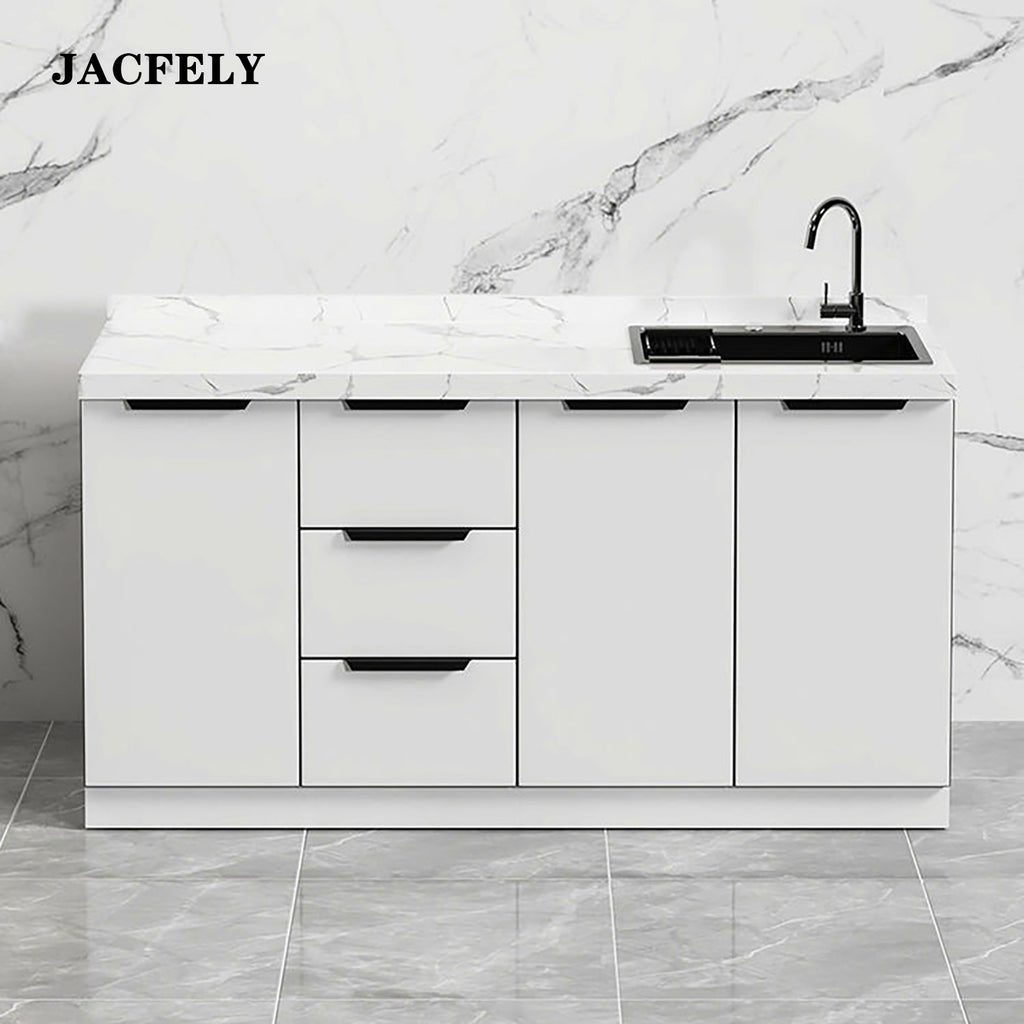 JACFELY Kitchen Sink Cabinet, Freestanding Wood Kitchen Cabinet Set with Stainless Steel Sink, Marble Countertop Storage Cabinet