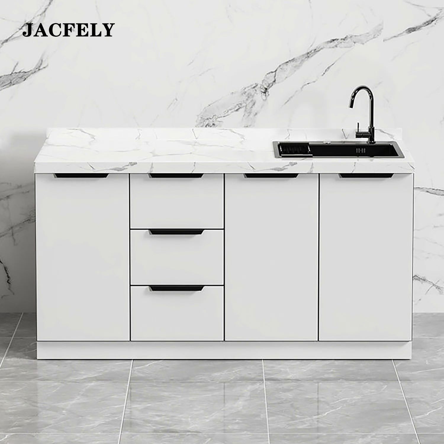 JACFELY Kitchen Sink Cabinet, Freestanding Wood Kitchen Cabinet Set with Stainless Steel Sink, Marble Countertop Storage Cabinet