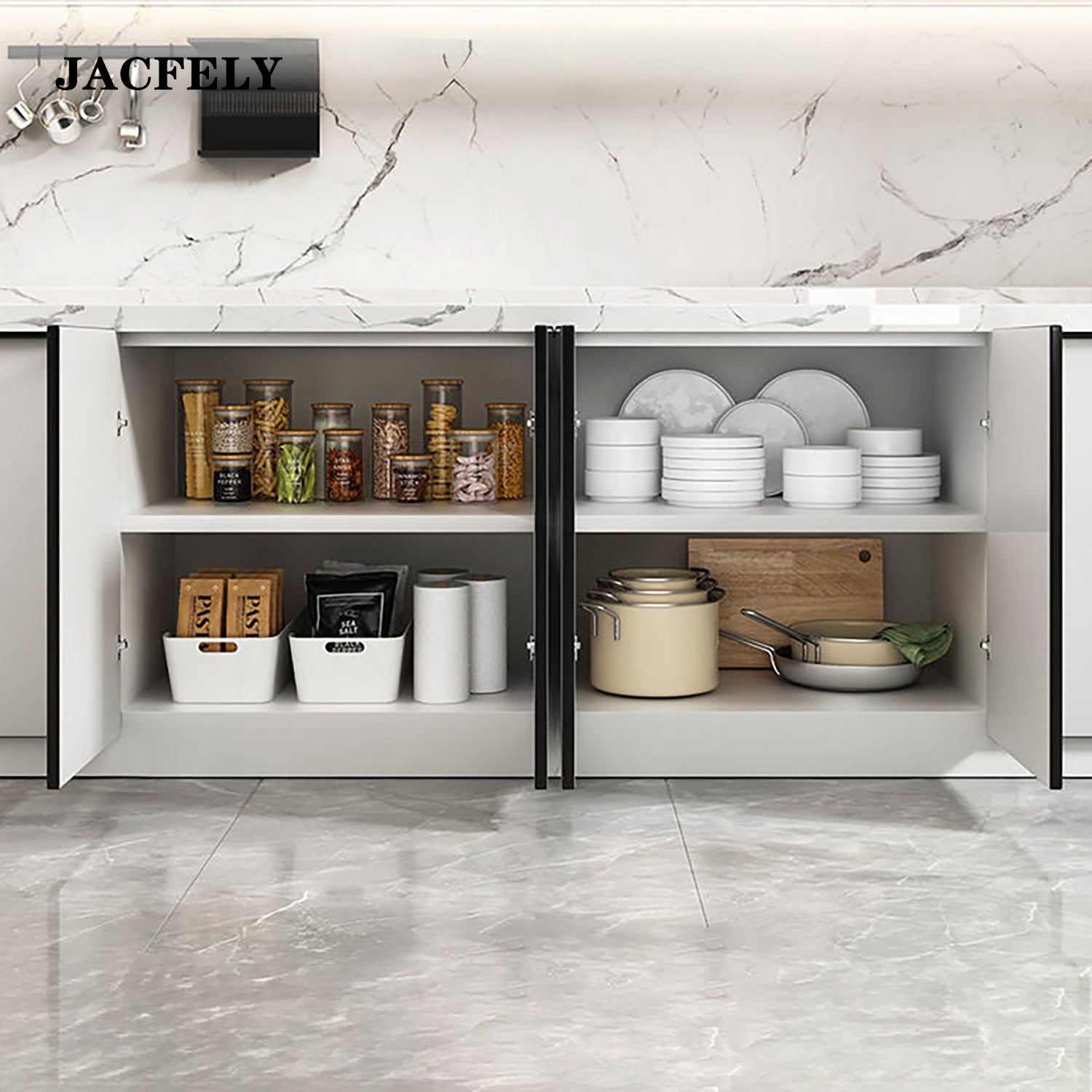 JACFELY Kitchen Sink Cabinet, Freestanding Wood Kitchen Cabinet Set with Stainless Steel Sink, Marble Countertop Storage Cabinet