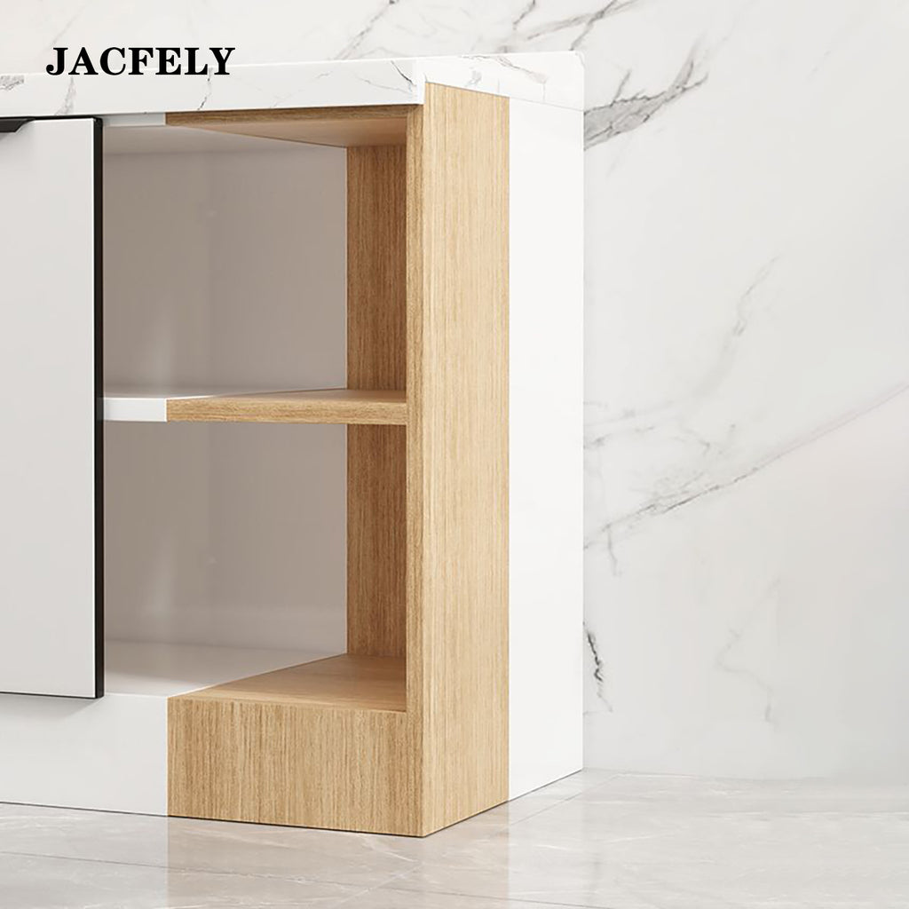 JACFELY Kitchen Sink Cabinet, Freestanding Wood Kitchen Cabinet Set with Stainless Steel Sink, Marble Countertop Storage Cabinet